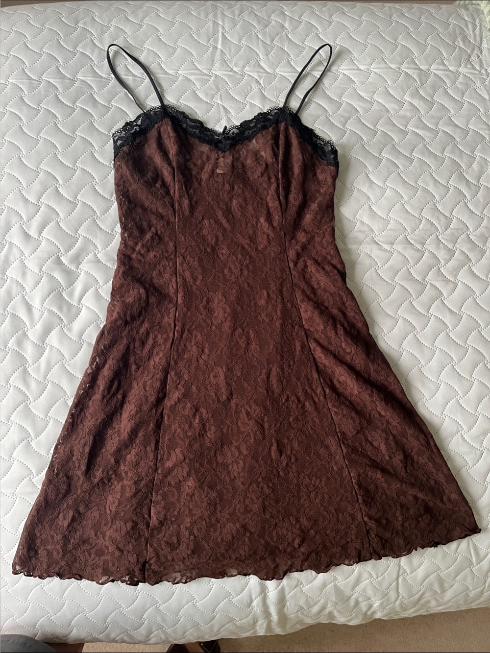 Arianne Vintage Brown Lace Mini Slip Dress with Black Trim, Size Small